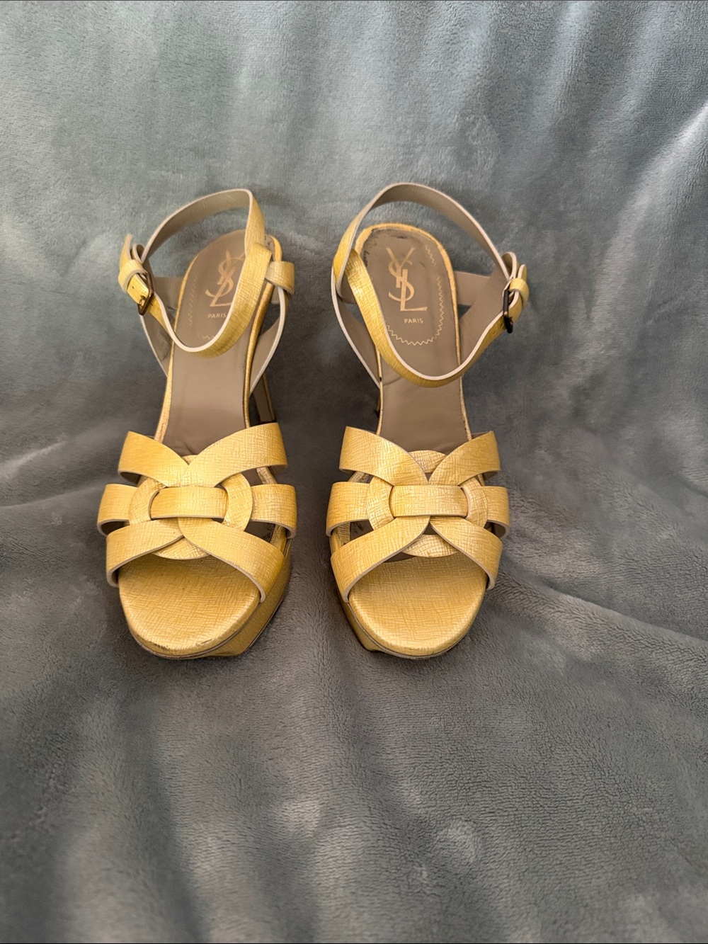 Saint Laurent Yellow Woven Platform Sandals with Ankle Strap